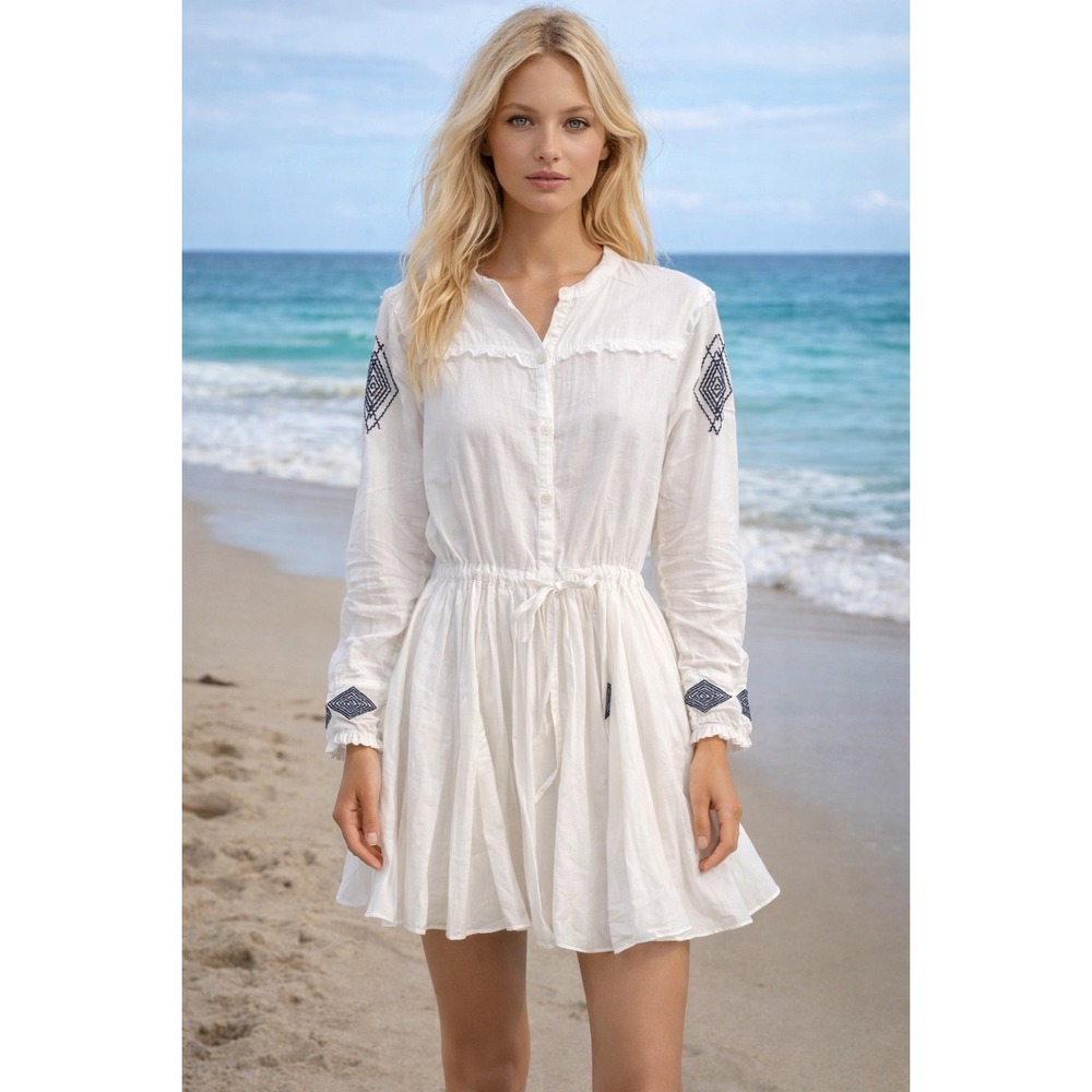 Zadig & Voltaire Ranil White Cotton Voile Embroidered Mini Boho Dress Size SM